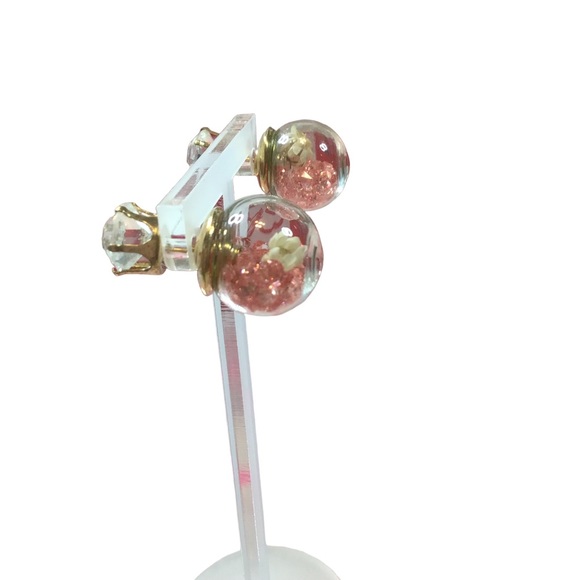 Ivory & Pink Double-sided Glass Ball Dry Flower Earrings - Picture 2 of 6